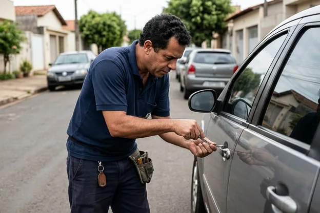 Chaveiro abrindo carro com atenção para não danificar.