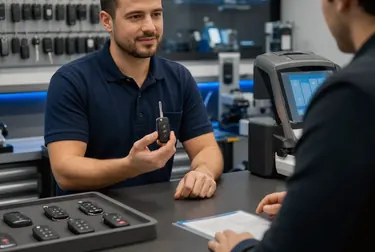 Chaveiro confeccionando chave codificada com máquina profissional.