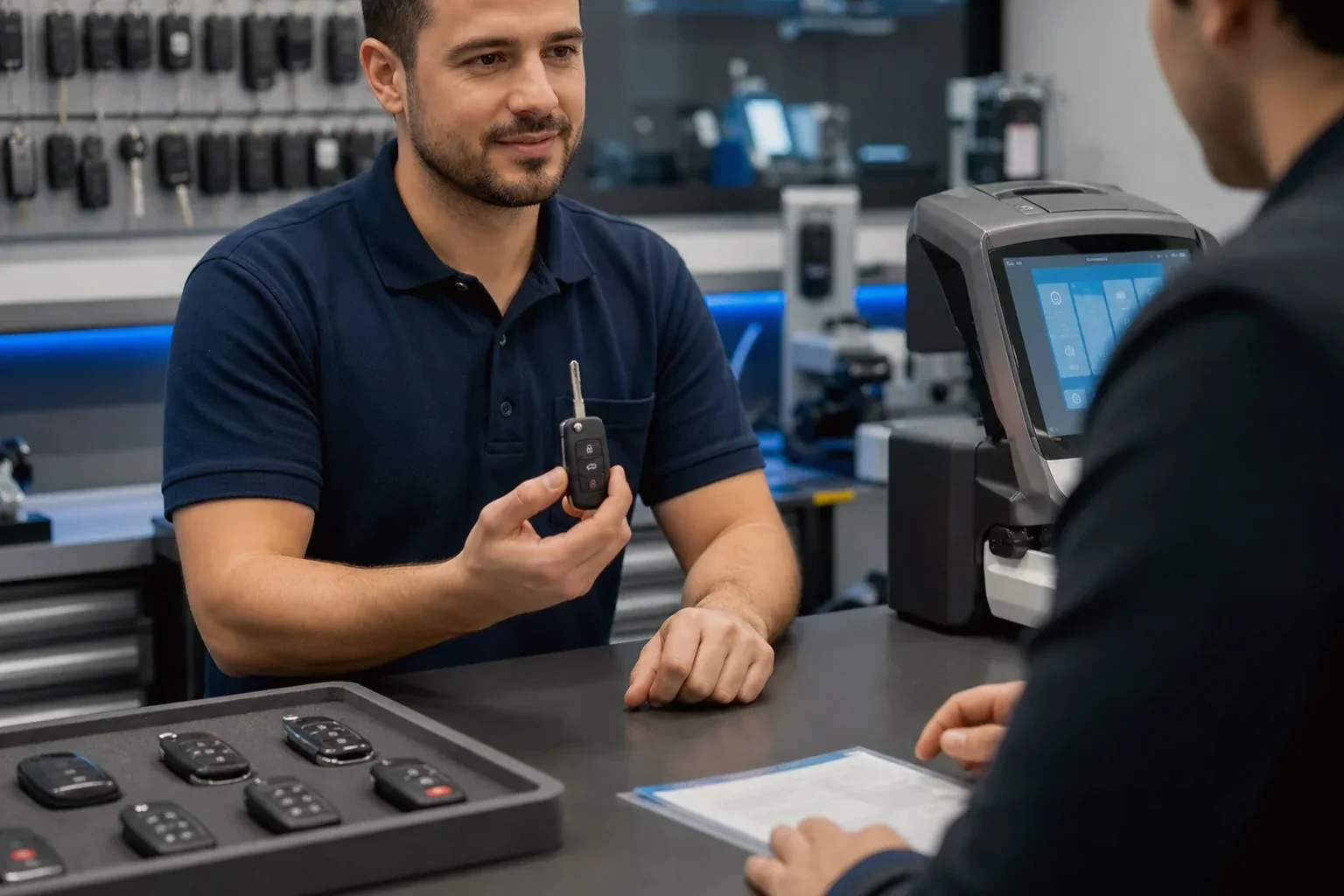 Chaveiro confeccionando chave codificada com máquina profissional.