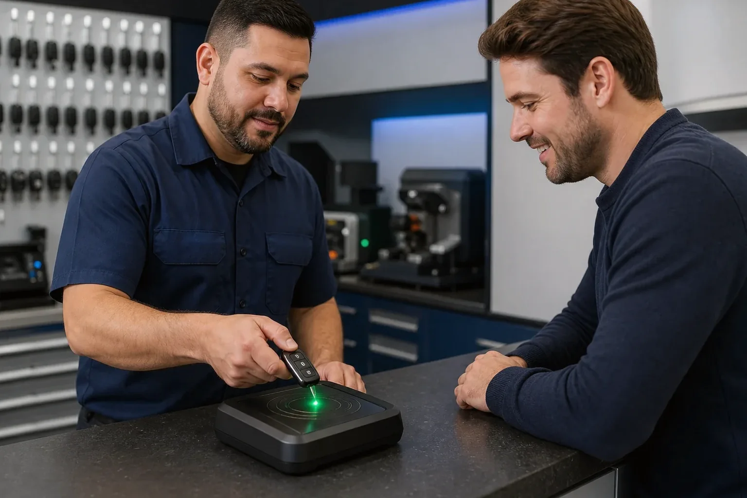 Chaveiro programando controle remoto de veículo.