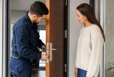 Chaveiro realizando abertura de porta com ferramentas profissionais.
